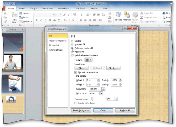 <strong> You can _____ anywhere on a slide and then click Format Background to open the Format Background dialog box, shown in the accompanying figure.</strong> A)click B)triple-click C)right-click D)double-click