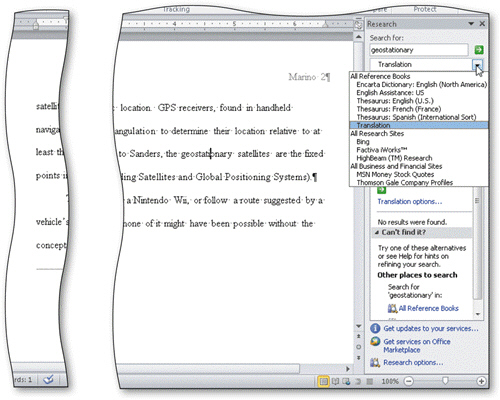 You can use the Copy and Paste commands to copy information from the Research task pane into your document, as shown in the accompanying figure.