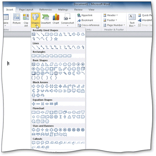   As shown in the accompanying figure, Word has a variety of predefined shapes, which are a type of drawing object, that you can insert in documents.<div style=padding-top: 35px> 