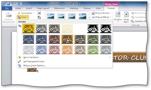   If you want to use the gallery shown in the accompanying figure to change a graphic back to its original colors, you can click Restore in the gallery.<div style=padding-top: 35px> 
