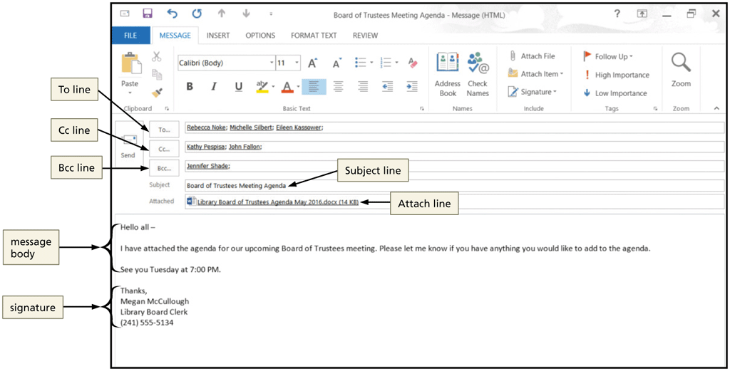   The message body of an email, as shown in the accompanying figure, contains the text of the message and can also include graphics, links to webpages, or the contents of webpages.<div style=padding-top: 35px> 