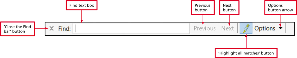 <strong> The _____, as shown in the accompanying figure of the Internet Explorer Find bar, allows a user to specify a match for whole words only and case.</strong> A) Options button B) Find text box C) 'Highlight all matches' button D) Next button