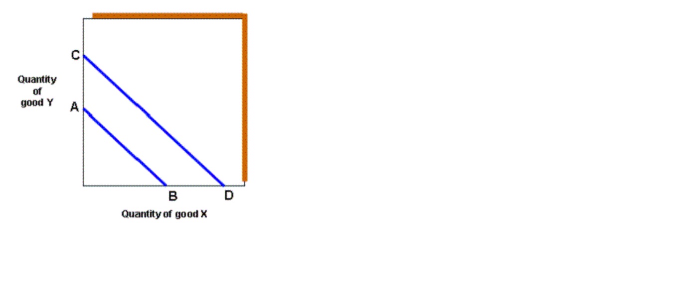 Exhibit 6A-1 Budget line ​   ​ As shown in Exhibit 6A-1, a leftward shift in the budget line from CD to AB would result from: