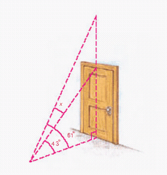 <strong>The figure below shows part of a room. From a point on the floor, the angle of elevation to the top of the door is whereas the angle of elevation to the ceiling above the door is . Use this diagram to write an equation involving and then solve the equation to find the number of degrees in the angle that extends from the top of the door to the ceiling. </strong> A) B) C) D) E)