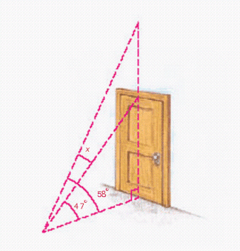 The figure below shows part of a room. From a point on the floor, the angle of elevation to the top of the door is whereas the angle of elevation to the ceiling above the door is . Use this diagram to write an equation involving and then solve the equation to find the number of degrees in the angle that extends from the top of the door to the ceiling. Equation: __________ Solution: x = __________ degrees