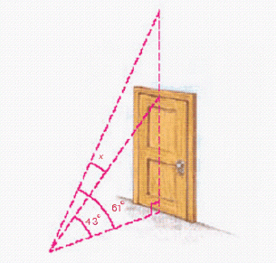 <strong>The figure below shows part of a room. From a point on the floor, the angle of elevation to the top of the door is , whereas the angle of elevation to the ceiling above the door is . Use this diagram to write an equation involving , and then solve the equation to find the number of degrees in the angle that extends from the top of the door to the ceiling. </strong> A) B) C) D) E)