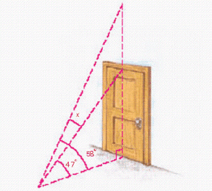 The figure below shows part of a room. From a point on the floor, the angle of elevation to the top of the door is , whereas the angle of elevation to the ceiling above the door is . Use this diagram to write an equation involving , and then solve the equation to find the number of degrees in the angle that extends from the top of the door to the ceiling. Equation: __________ Solution: x = __________ degrees