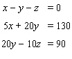 In the following diagram of an electrical circuit, x , y , and z represent the amount of current (in amperes) flowing across the 5-ohm, 20-ohm, and 10-ohm resistors, respectively. The system of equations used to find the three currents, x , y , and z is