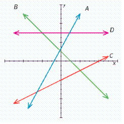 <strong>Which line has a positive slope? </strong> A) A, B, C B) D, B C) A, C D) B, C E) B, C, D