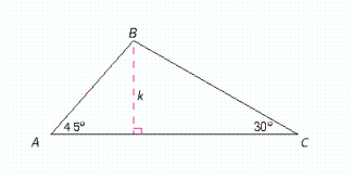 In the figure below, triangle ABC has angles and and height k . Find the lengths of sides AB , BC , and AC , in terms of k .