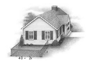 Justin wants to fence 3 sides of a rectangular exercise yard for his dog. The fourth side of the exercise yard will be a side of the house. He has 40 feet of fencing available. Find the dimensions of the exercise yard that will enclose the maximum area.