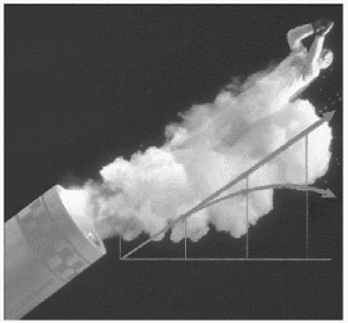 Suppose the equation that gives the height of the human cannonball after he has traveled feet horizontally is given by: What is ?