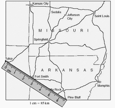 Use the map given below to find the approximate air distance between Tulsa and Fort Smith.