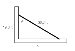 <strong>A piece of conduit 39.0 ft long cuts across the corner of a room, as shown in the illustration. Find length x and angle A. Round each answer to the appropriate number of significant digits. </strong> A) \angle A = 59.7°, x = 34.7 ft B) \angle A = 61.4°, x = 33.0 ft C) \angle A = 60.8°, x = 34.1 ft D) \angle A = 58.6°, x = 31.9 ft E) \angle A = 59.1°, x = 32.4 ft