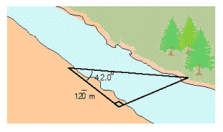 <strong>Find the width of the river in the illustration. Round your answer to the appropriate number of significant digits. </strong> A) 113 m B) 108 m C) 105 m D) 115 m E) 112 m