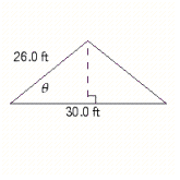 <strong>Enrico has to draft a triangular roof to a house. (See the illustration.) The roof is 30 ft wide. If the rafters are 26 ft long, at what angle will the rafters be laid at the eaves? Assume no overhang. Round your answer to the appropriate number of significant digits. </strong> A) 55.4 <sup>o</sup> B) 57.9 <sup>o</sup> C) 57.5 <sup>o</sup> D) 54.8 <sup>o</sup> E) 55.9 <sup>o</sup>