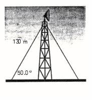 <strong>The cables attached to a TV relay tower are 13 \overline { 0 } m long. They meet level ground at an angle of 50 <sup>o</sup>, as in the illustration. Find the height of the tower. Round your answer to the appropriate number of significant digits. </strong> A) 99.6 m B) 96.9 m C) 98.0 m D) 100.0 m E) 98.5 m