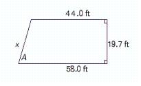 <strong>Find length x and angle A in the illustration. Round your answer to the appropriate number of significant digits. </strong> A) \angle A = 54.6 ^ { \circ } , 24.2 \mathrm { ft } B) \angle A = 56.3 ^ { \circ } , 23.1 \mathrm { ft } C) \angle A = 53.5 ^ { \circ } , 24.8 \mathrm { ft } D) \angle A = 54.3 ^ { \circ } , 23.9 \mathrm { ft } E) \angle A = 55.2 ^ { \circ } , 25.9 \mathrm { ft }