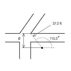 <strong>A benchmark has been covered up with dirt and needs to be found. The CAD drawing shows it is located 37.0.0-feet from a property stake at an angle of 1130 ^ { \circ } What distance B from the stake parallel to the curb line should you start to dig to find this benchmark? Round your answer to the appropriate number of significant digits. </strong> A) 30.1 ft B) 29.0 ft C) 32.8 ft D) 34.1 ft E) 37.3 ft