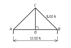 Find the angles A and ACB, and length CD in the roof shown in the illustration below, where AC = BC. Do not use rounded answers in your calculations. Round angles to the nearest tenth, and round side lengths to three significant digits. ∠A = __________°, ∠ACB = __________ CD = __________ ft
