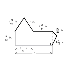 <strong>Find the perimeter of the figure. </strong> A) 11 \frac { 25 } { 37 } in. B) 12 \frac { 19 } { 64 } in. C) 10 \frac { 25 } { 32 } in. D) 11 \frac { 25 } { 32 } in. E) 11 \frac { 50 } { 69 } in.