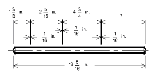 <strong>A rod 13 \frac { 5 } { 6 } in. long has been cut as shown in the illustration. Assume the waste in each cut is \frac { 1 } { 16 } in. What is the length of the remaining piece? </strong> A) 4 \frac { 11 } { 16 } in. B) 5 \frac { 5 } { 16 } in. C) 4 \frac { 3 } { 8 } in. D) 5 \frac { 5 } { 8 } in. E) 4 \frac { 3 } { 4 } in.