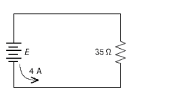 Ohm's law, in another form, states that in a simple circuit the voltage E (measured in volts, V) equals the current I (measured in amps, A) times the resistance R (measured in ohms, \Omega ). Find the voltage E measured in volts (V) in the electrical circuit.