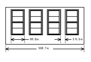 A sun room addition to a home has a wall 34 \mathrm { ft } . 4 \text { in. } long measured from inside wall to inside wall. Four windows are to be equally spaced in this wall. The windows are 5 \mathrm { ft } 8 wide including the inside window molding. What is the space between the wall and windows?