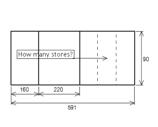 A single story shopping center is being designed to be 591 ft. long ×  90 ft. deep. Two stores have been pre-leased. One occupies 160 linear ft. and the other will occupy 220 linear ft. The owner is trying to decide how to divide the remaining space, knowing that the smallest possible space should be 4,000 ft <sup>2</sup>. How many stores can occupy the remaining area?  