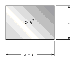 A rectangular piece of sheet metal is 2 ft longer than it is wide. (See the figure below.) The area of the piece of sheet metal is 24 \mathrm { et } ^ { 2 } Find its length and width.