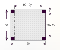 A square is cut out of each corner of a rectangular sheet of aluminum that is 30 cm by 90 cm.(See Illustration) The sides are folded up to form a rectangular container with no top. The area of the bottom of the container is 1,600 cm <sup>2</sup>. What are the dimensions of each cut-out square? Find the volume of the container. (V = lwh)