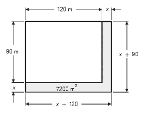 The area of a rectangular lot 120 \mathrm {~m} by 90 \mathrm {~m} is to be increased by 7,200 \mathrm {~m} ^ { 2 } . (See the figure below.) The length and the width will be increased by the same amount. What are the dimensions of the larger lot?