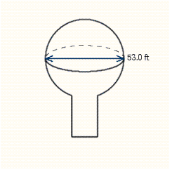 <strong>How many gallons of water can be stored in the spherical portion of the water tank shown in the illustration? (7.48 gal = 1 ft <sup>3</sup>) Round your answer to the nearest thousand. </strong> A) 328,000 gallons B) 583,000 gallons C) 582,000 gallons D) 573,000 gallons E) 590,000 gallons