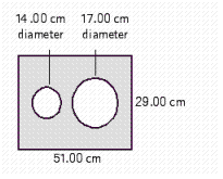 <strong>In the illustration, find the area of the rectangular piece of metal after the two circles are removed. Use the rules for working with measurements. </strong> A) The area is 4,392 cm <sup>2</sup>. B) The area is 549 cm <sup>2</sup>. C) The area is 2,196 cm <sup>2</sup>. D) The area is 1,410 cm <sup>2</sup> E) The area is 1,098 cm <sup>2</sup>.