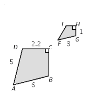 <strong>In the illustration, polygon ABCD is similar to polygon FGHI. Find∠H, FI, IH, BC. Round your answer to the nearest tenth. </strong> A) ∠H = 90°, FI = 2.5, IH = 1.1, BC = 2. B) ∠H = 45°, FI = 2.5, IH = 1.1, BC = 2. C) ∠H = 60°, FI = 2.5, IH = 2, BC = 1.1. D) ∠H = 90°, FI = 1.1, IH = 2, BC = 5. E) ∠H = 90°, FI = 2, IH = 1.1, BC = 5.