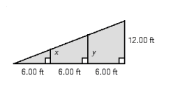 <strong>An inclined ramp is to be built so that it reaches a height of 12 ft over a 18 ft run. (See the illustration.) Braces are placed every 6 ft. Find the height of braces x and y. </strong> A) x is equal to 4 ft, y is equal to 8 ft. B) x is equal to 11 ft, y is equal to 22 ft. C) x is equal to 3 ft, y is equal to 22 ft. D) x is equal to 3 ft, y is equal to 6 ft. E) x is equal to 7 ft, y is equal to 14 ft.