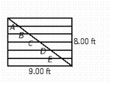 <strong>A 9 ft by 8 ft bookcase is to be built. It has horizontal shelves every foot. A support is to be notched in the shelves diagonally from one corner to the opposite corner. At what point should each of the shelves be notched? That is, find lengths A, B, C, D and E in the illustration. How long is the diagonal crosspiece? Round your answer to the nearest hundredth. </strong> A) A = 1.3 ft, B = 2.7 ft, C = 4 ft, D = 5.3 ft,E = 6.7 ft, the crosspiece is 12 ft. B) A = 1.5 ft, B = 3 ft, C = 4.5 ft, D = 6 ft,E = 7.5 ft, the crosspiece is 12.04 ft. C) A = 1.5 ft, B = 3 ft, C = 5.5 ft, D = 5 ft,E = 7.5 ft, the crosspiece is 12.04 ft. D) A = 1.33 ft, B = 2.67 ft, C = 4 ft, D = 5.33 ft,E = 6.67 ft, the crosspiece is 12.04 ft. E) A = 1.5 ft, B = 3 ft, C = 4.5 ft, D = 6 ft,E = 6.5 ft, the crosspiece is 12 ft.