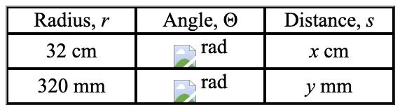 <strong>Find x and y to three significant digits using the formula s = rΘ (Θradians). </strong> A) x = 106.667; y = 400 B) x = 40; y = 67.021 C) x = 33.51; y = 125.664 D) x = 67; y = 251.327 E) x = 10.7; y = 40