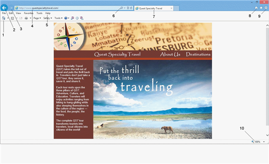 <strong> In the accompanying figure, item 10 is pointing to ____.</strong> A) a Web page on a tab B) the active Web page C) the browser window D) the status bar