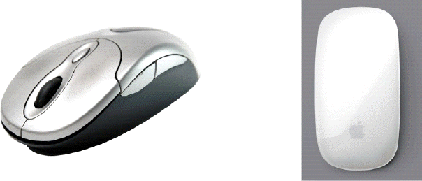 <strong> What kind of mouse, like the ones shown in the accompanying figure, uses devices that emit and sense light to detect movement?</strong> A) mechanical B) tracking C) optical D) enhanced