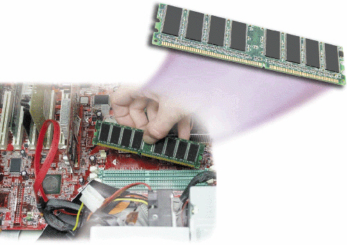 <strong> The accompanying figure shows which of the following kinds of modules, which are small circuit boards where RAM chips usually reside, being inserted into the motherboard?</strong> A) index B) memory C) insertion D) cooling