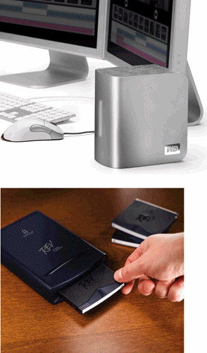 External or removable hard disks like the ones in the accompanying figure transfer data at much faster rates than internal hard disks.