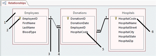 <strong> In the accompanying figure, item 4 references a(n) ____.</strong> A) infinity symbol B) table name C) relationship D) link line