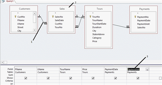 <strong> In the accompanying figure, fields from how many tables will display on the datasheet?</strong> A) 1 B) 2 C) 3 D) 4