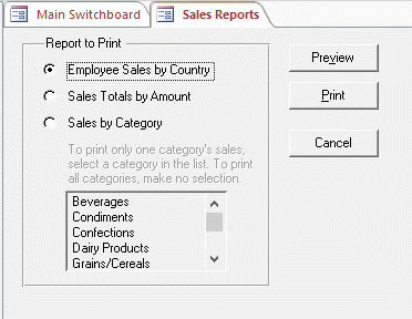 <strong> The Sales Reports form in the figure above is an example of which type of Access form?</strong> A) Dialog box B) Splash Screen C) Data Entry form D) Switchboard form
