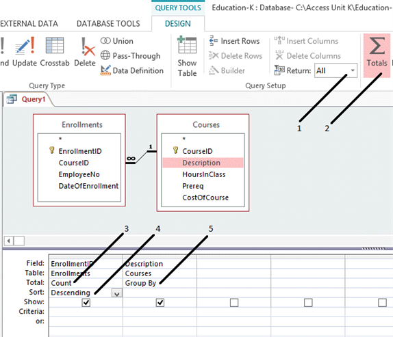 <strong> In the figure above, which field is being grouped?</strong> A) Enrollments B) EnrollmentID C) Description D) CourseID