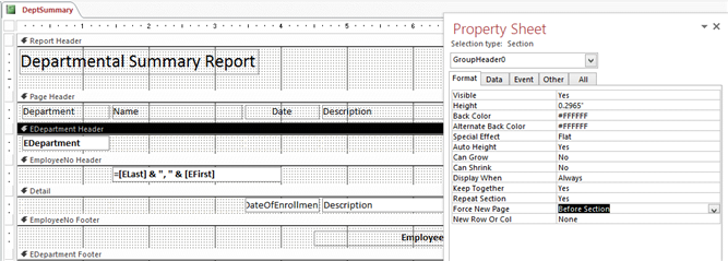 <strong> In the figure above, which property is being modified?</strong> A) Force New Page B) New Row or Col C) Department Header D) DeptSummary