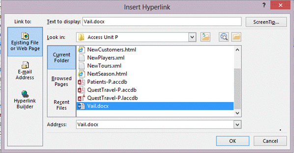 <strong> The Edit Hyperlink dialog box in the figure indicates that the user is in the process of creating a link to a(n) _____.</strong> A) Word document B) Web page C) E-mail address D) report object