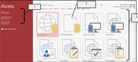 <strong> In the accompanying figure, item 3 points to the ____.</strong> A) featured templates B) recently opened databases C) saved template categories D) Blank templates
