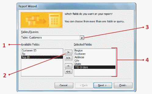 <strong> In the accompanying figure, item 2 points to the ____ button.</strong> A) Select Single Field B) Single Field C) Single Highlighted Field D) Selected Field